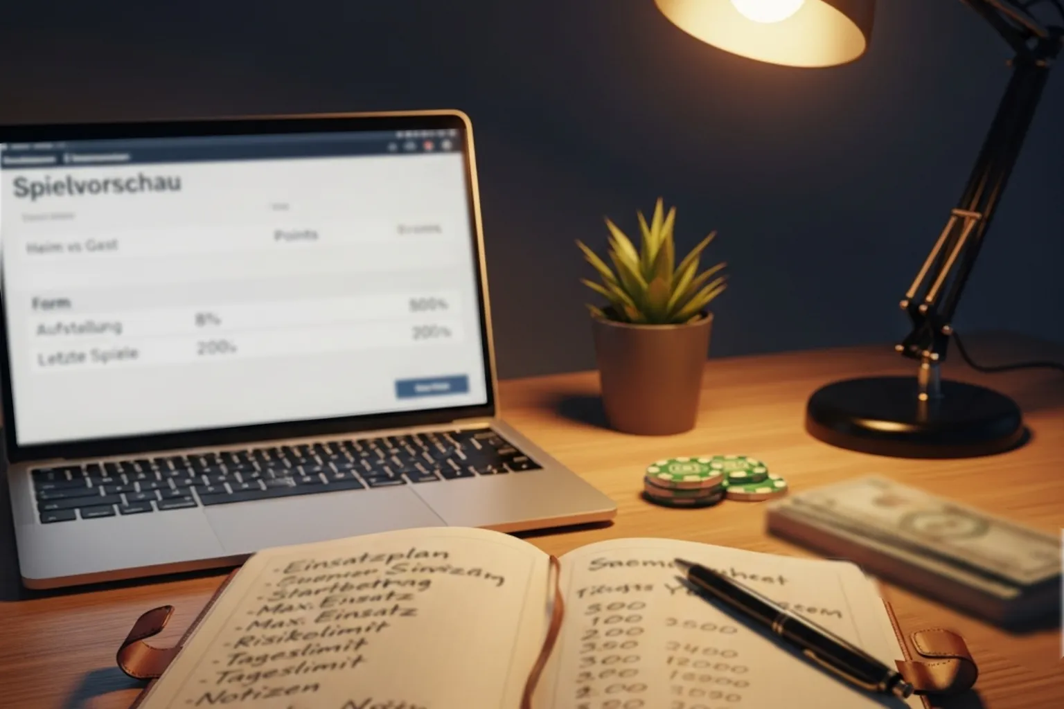 Notizbuch mit Wettprotokoll und einem Stift auf einem Schreibtisch