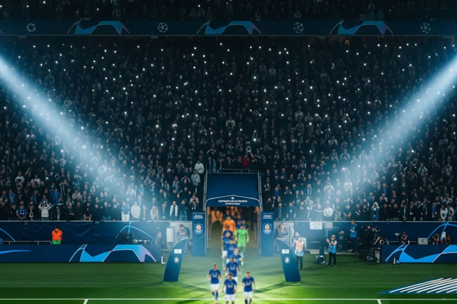 Champions-League-Spielfeld bei Nacht mit Flutlicht und vollen Rängen