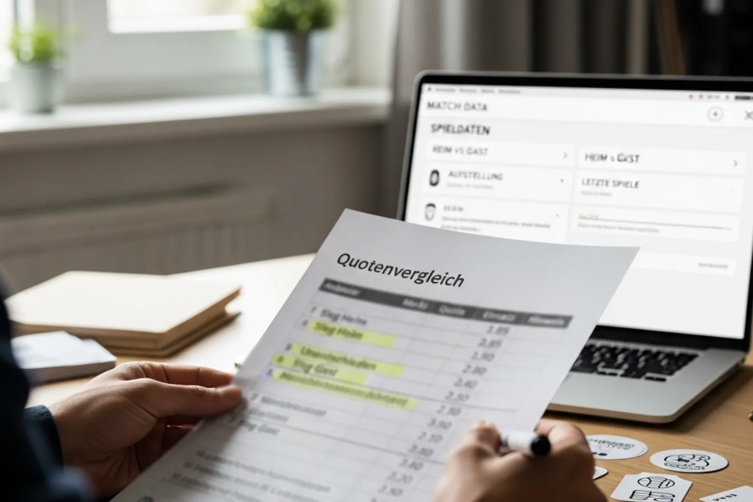 Geöffneter Taktik-Notizblock mit Pfeilen und Prozentwerten neben einem Fußball