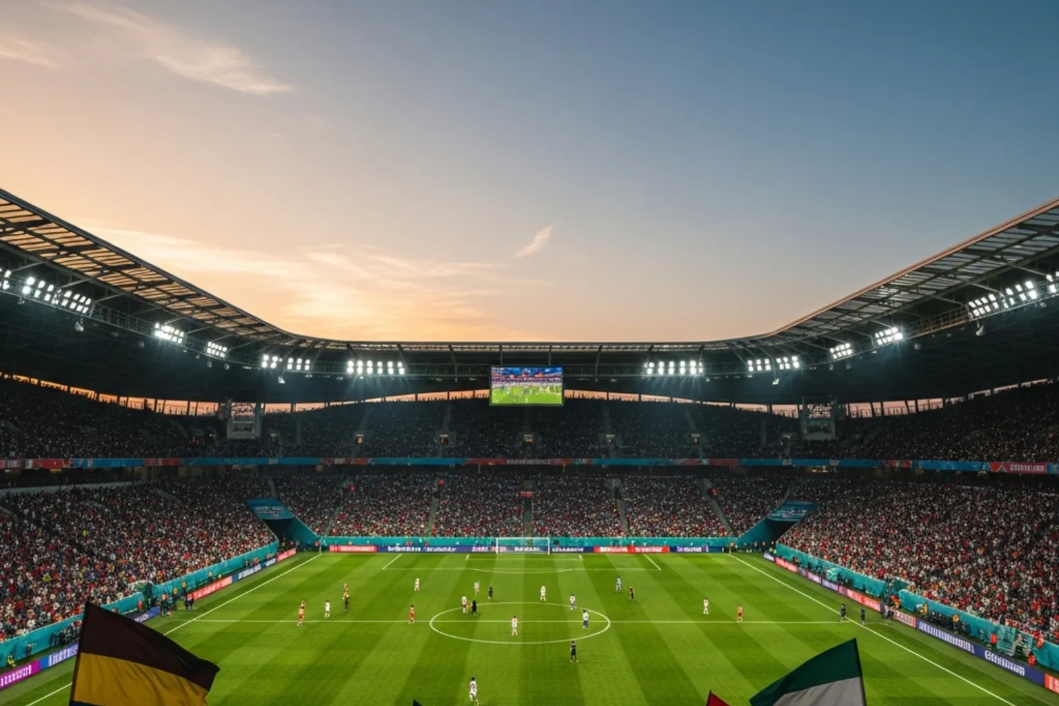 Europameisterschaft-Stadion mit jubelnden Fans und Nationalflaggen