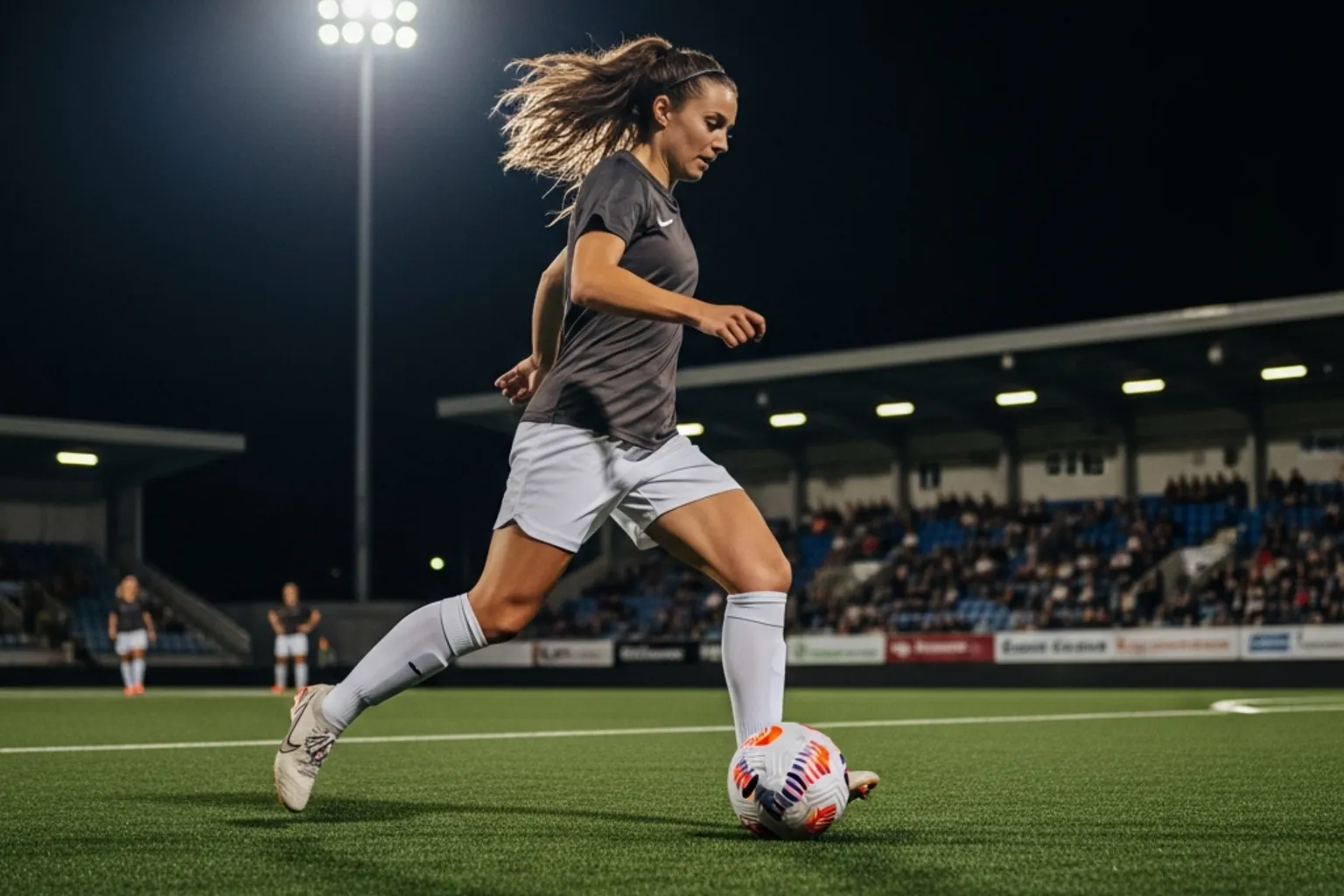 Frauenfußball-Spiel auf dem Rasen mit Flutlicht und Zuschauern