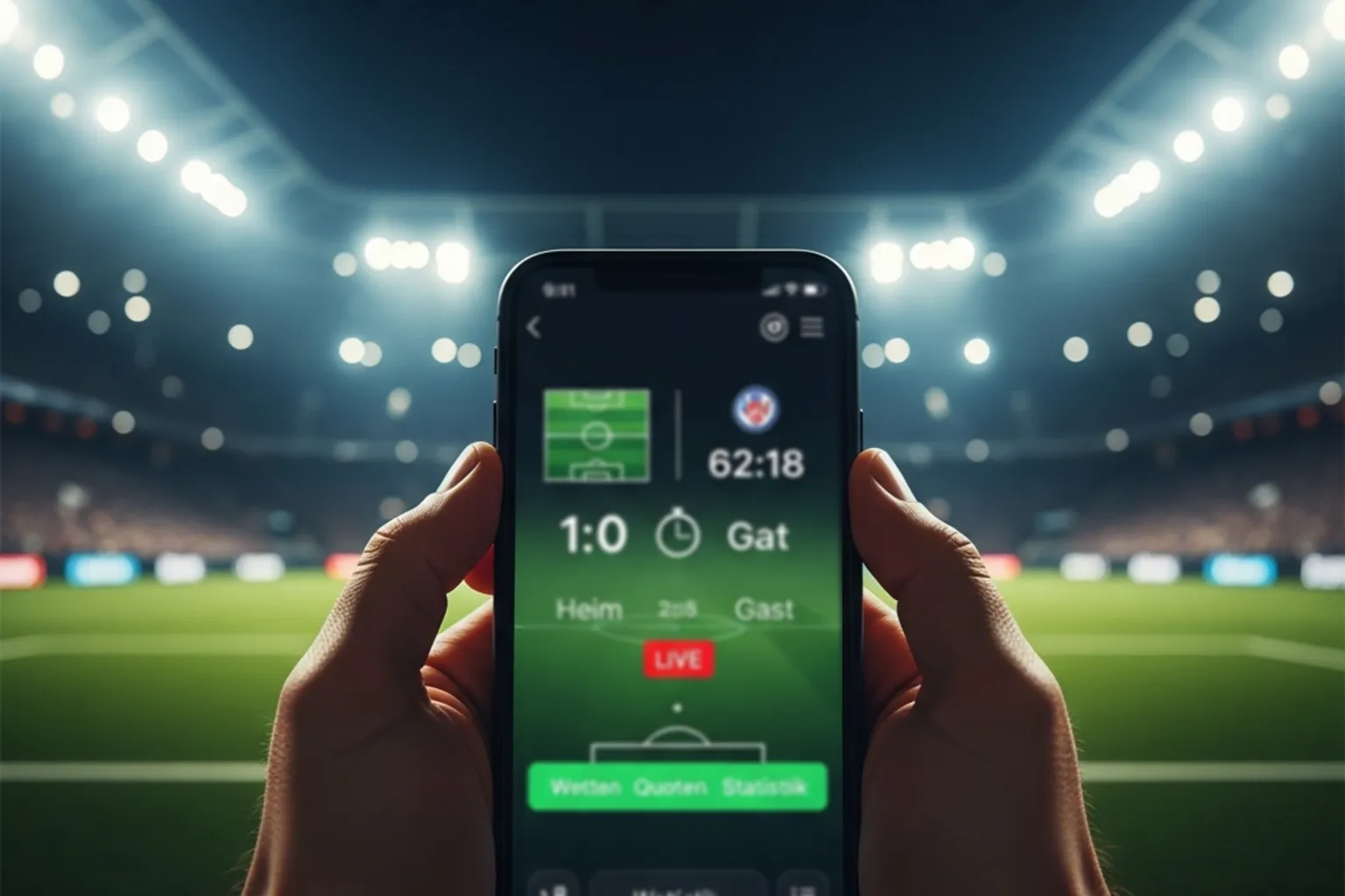 Fußballstadion bei Flutlicht mit laufendem Spiel aus der Zuschauerperspektive