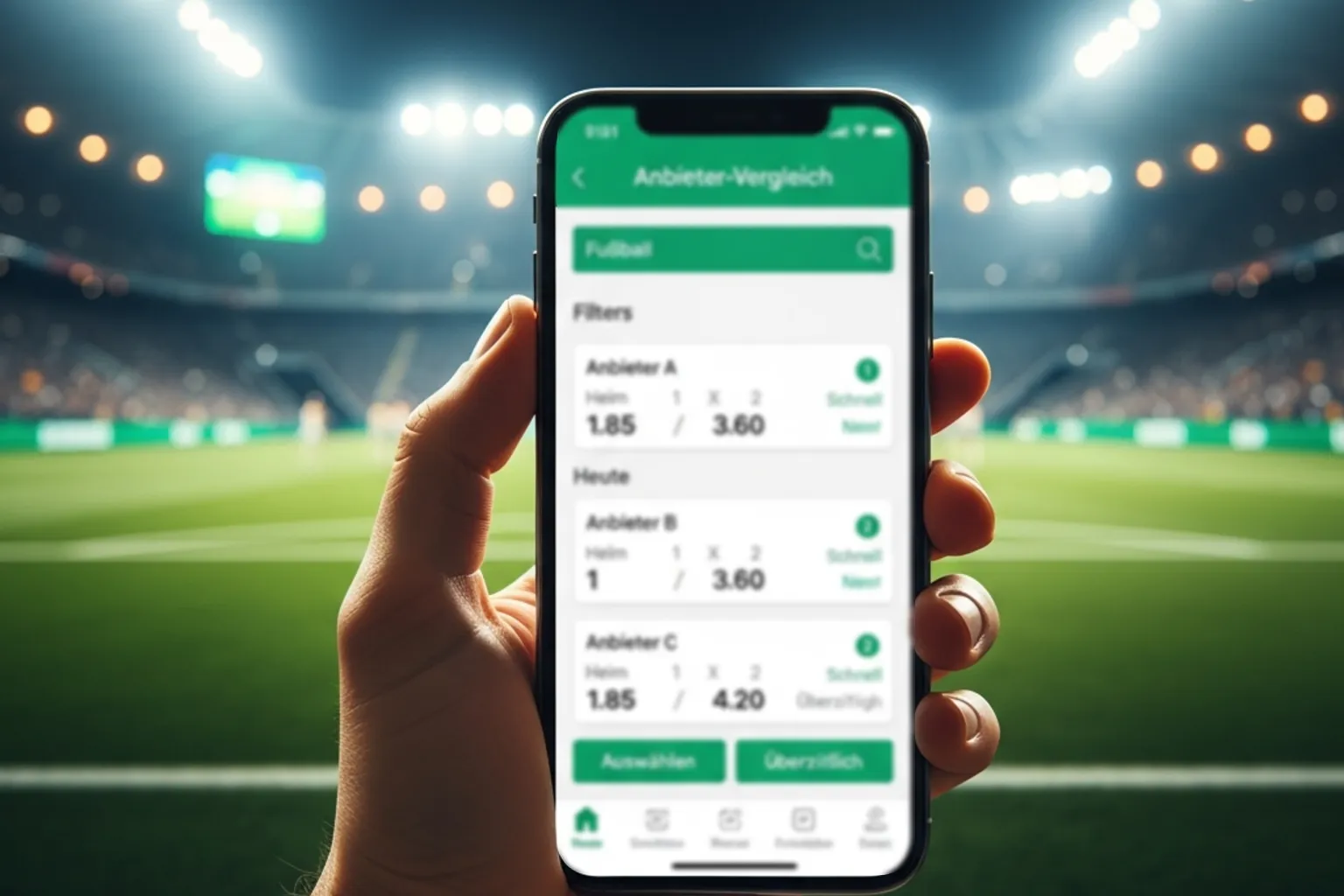 Fußball Wetten Anbieter Vergleich — Smartphone mit Wettschein vor Stadionkulisse