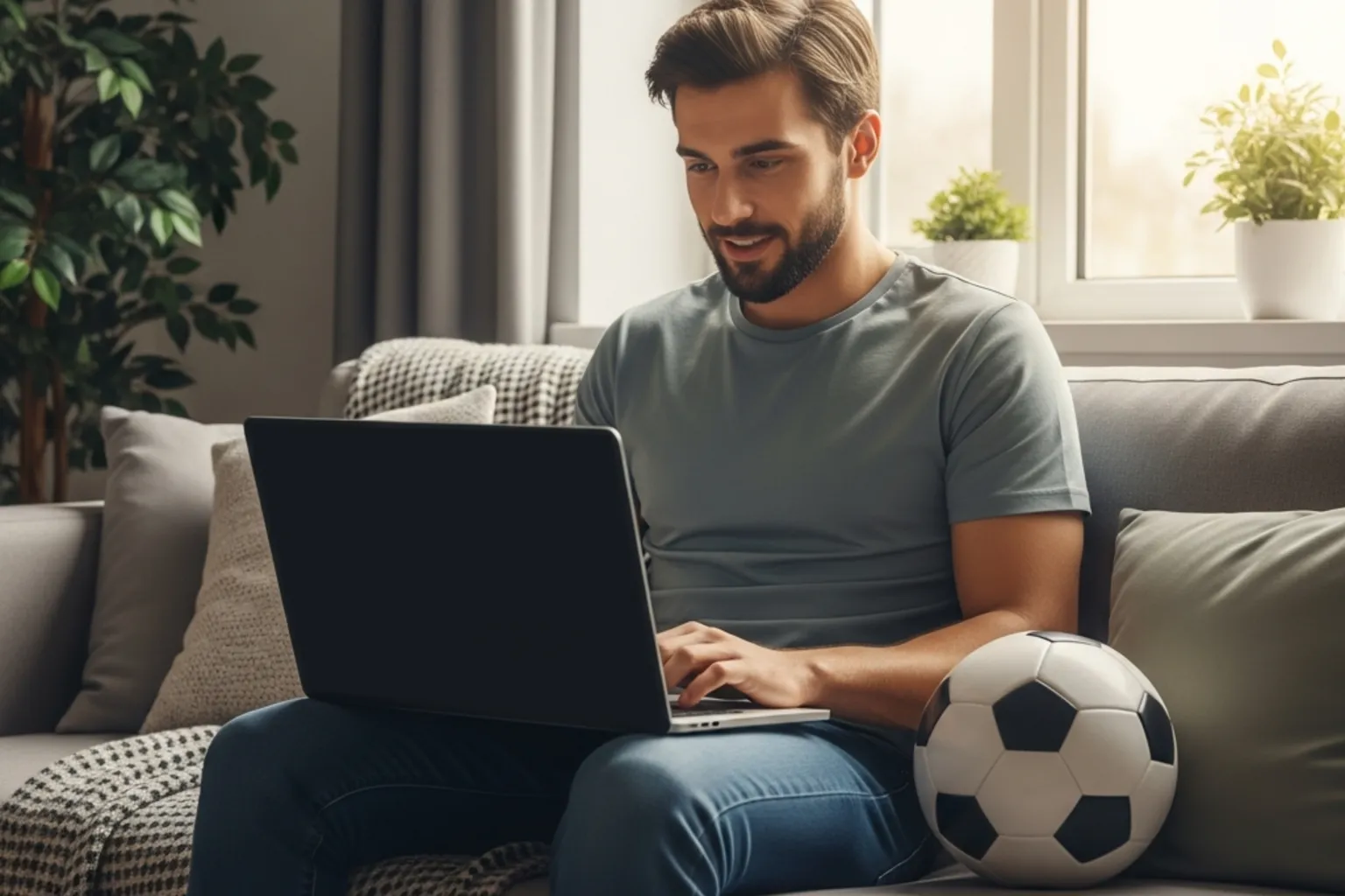 Junger Mann platziert seine erste Fußballwette auf einem Laptop