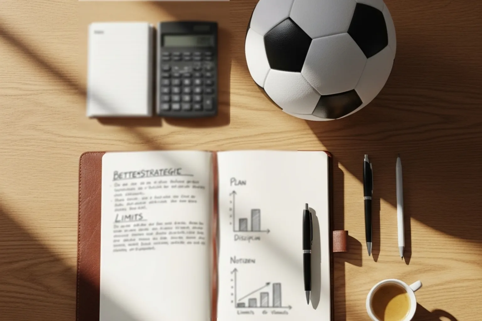 Fußball Wetten Strategien — Notizbuch mit Analyse neben einem Fußball