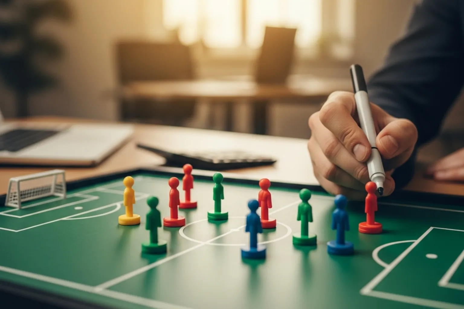 Sportanalyst schreibt Fußball-Prognosen auf ein Whiteboard