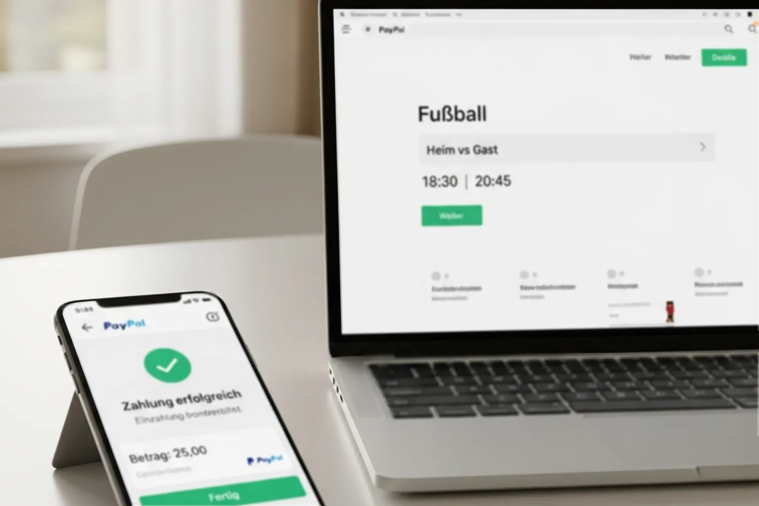 Smartphone mit Zahlungsbestätigung neben einem Fußball auf dem Tisch