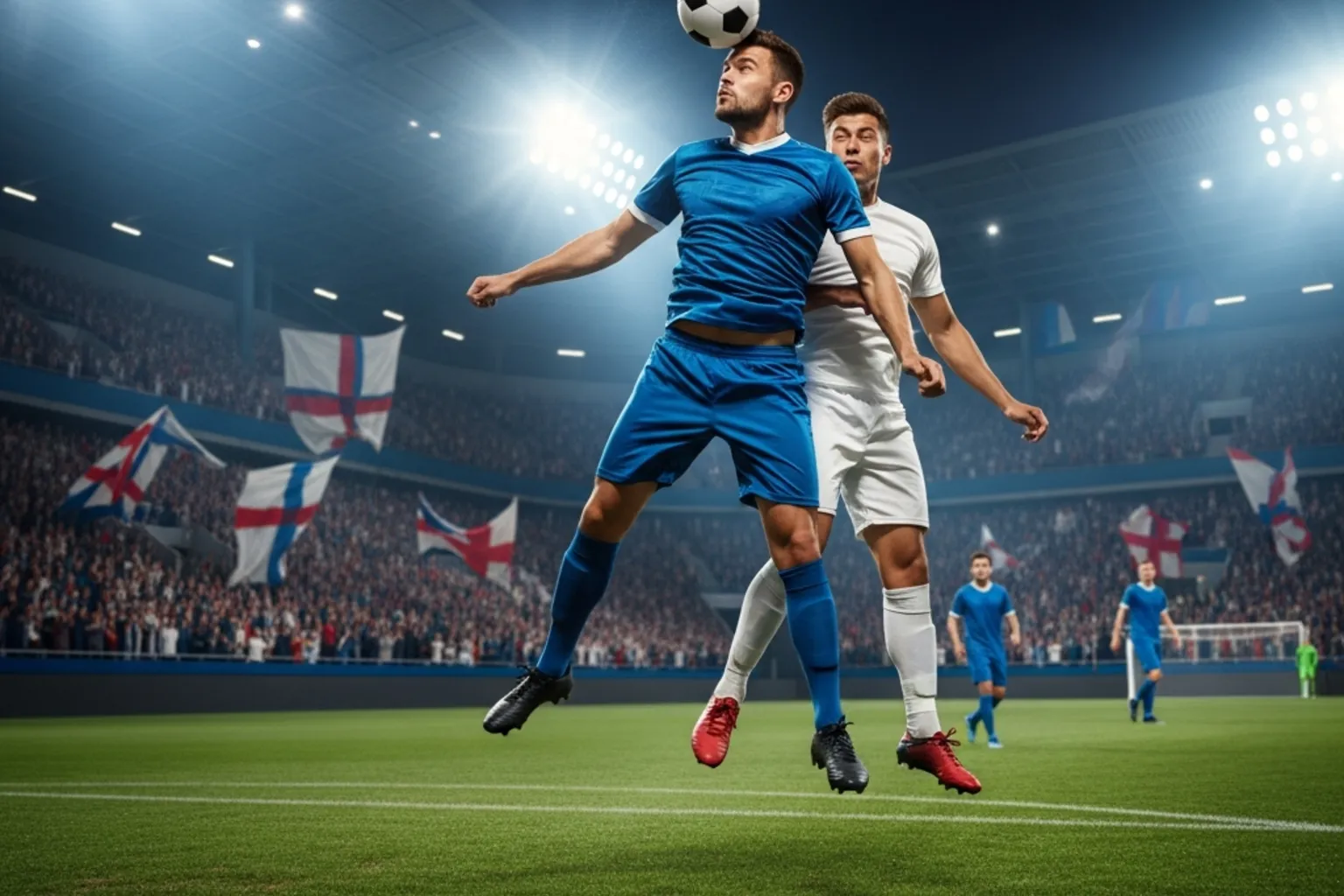 Fußballspieler im Zweikampf auf dem Rasen unter Flutlicht