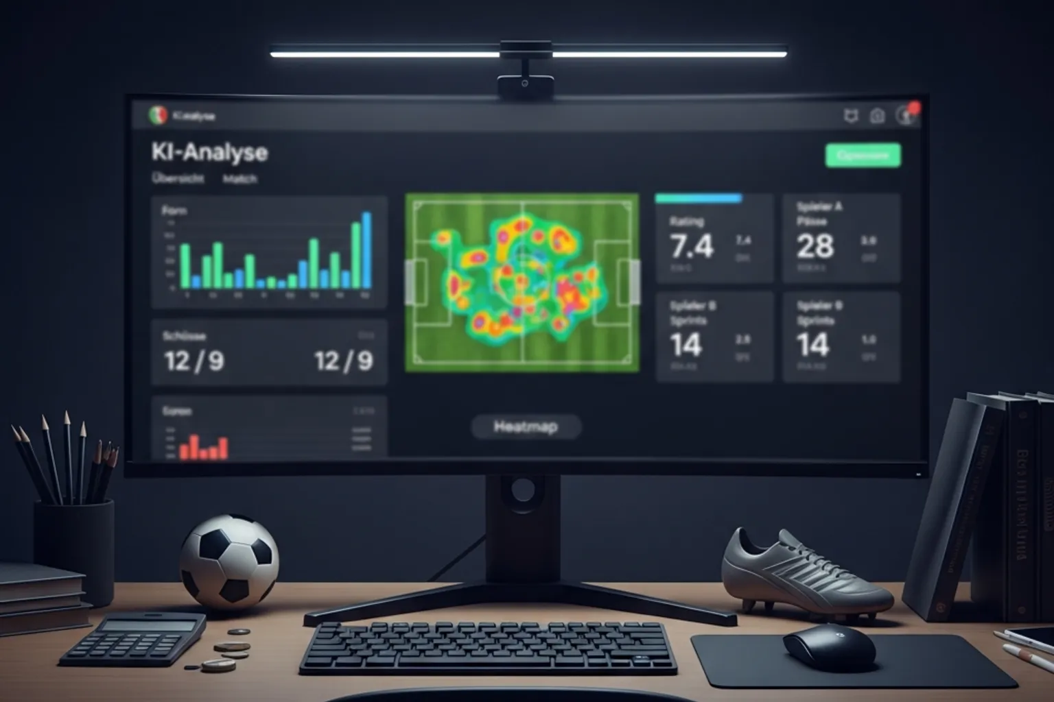 Datendashboard mit Fußball-Statistiken auf einem großen Monitor