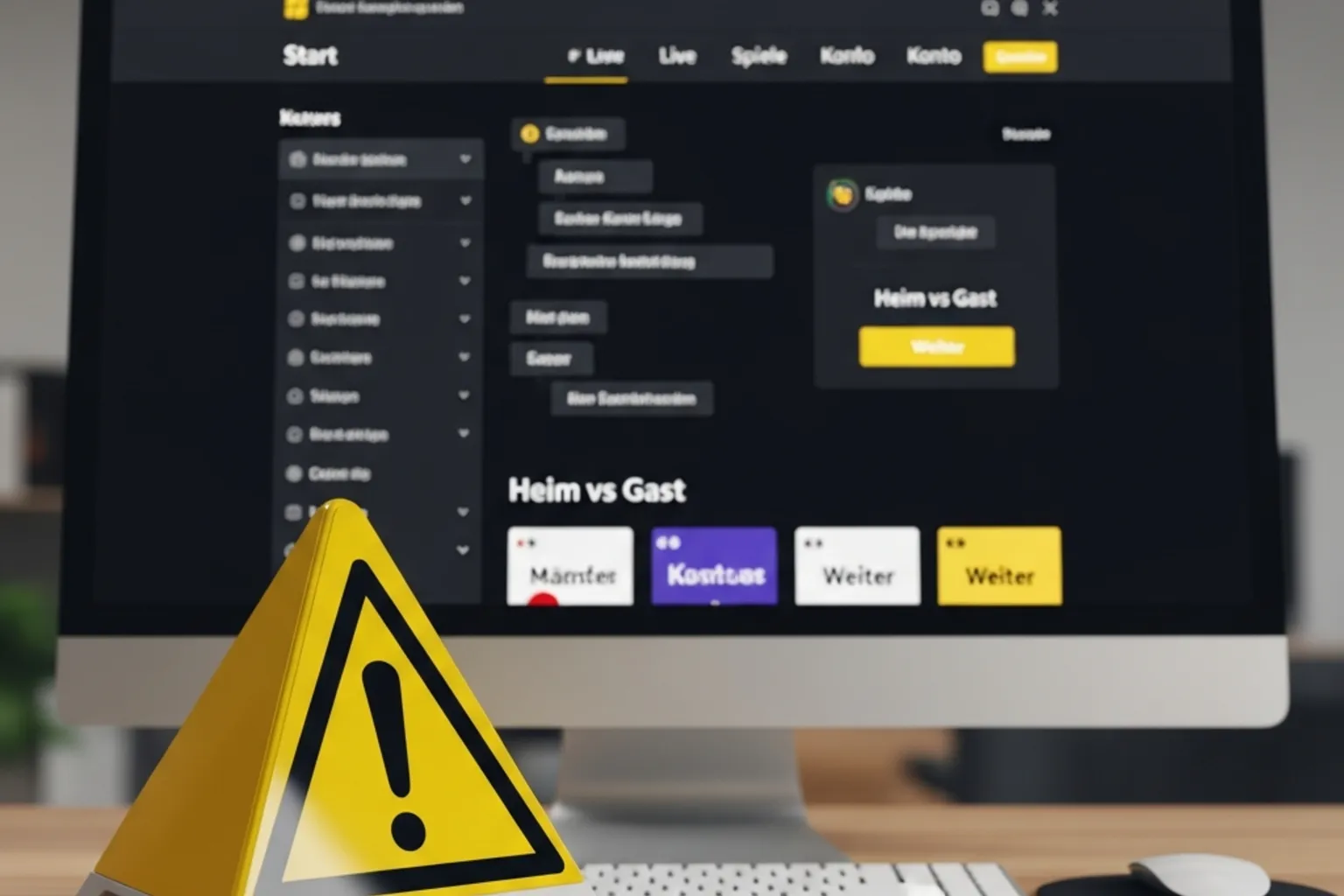 Warnschild vor einem dunklen Computerbildschirm mit Sportwetten-Seite