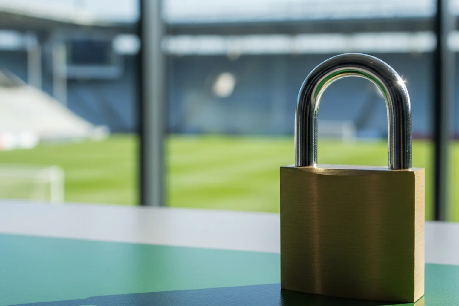 Schutzsymbol als Schloss-Icon vor einem Fußballstadion-Hintergrund