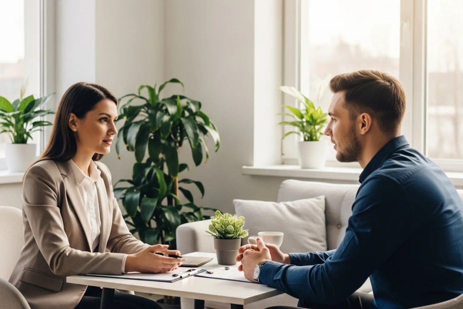 Beratungsgespräch zwischen zwei Personen in einem hellen Büro