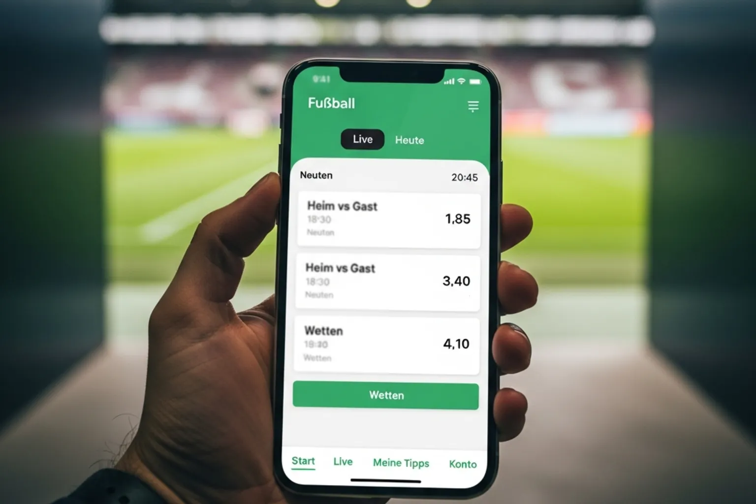 Hand hält ein Smartphone mit einer Sportwetten-Oberfläche im Fußballstadion