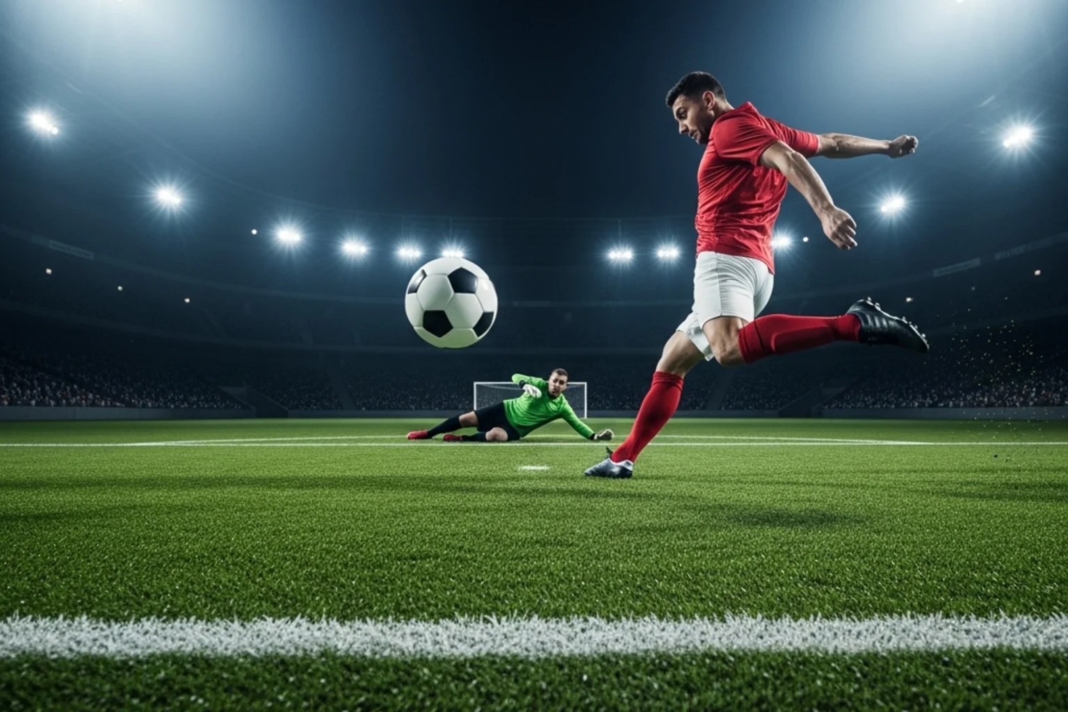 Fußballstürmer bejubelt ein Tor vor der Fantribüne