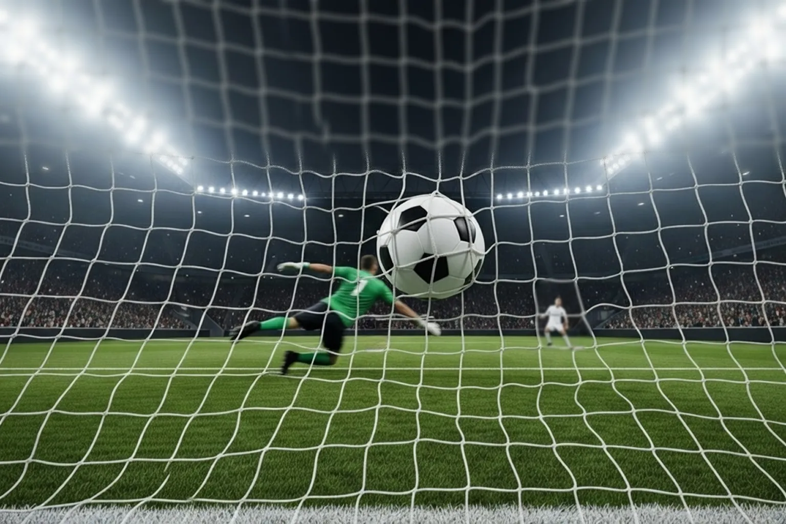 Fußball fliegt ins Netz bei einem Torschuss im Flutlicht