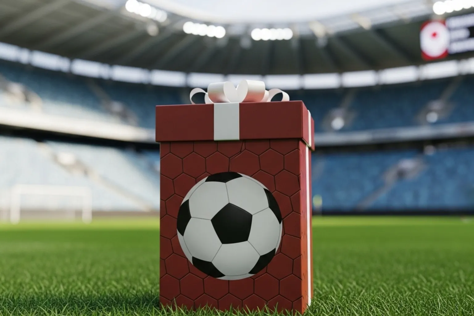 Fußball und ein Geschenkband auf grünem Rasen im Stadion